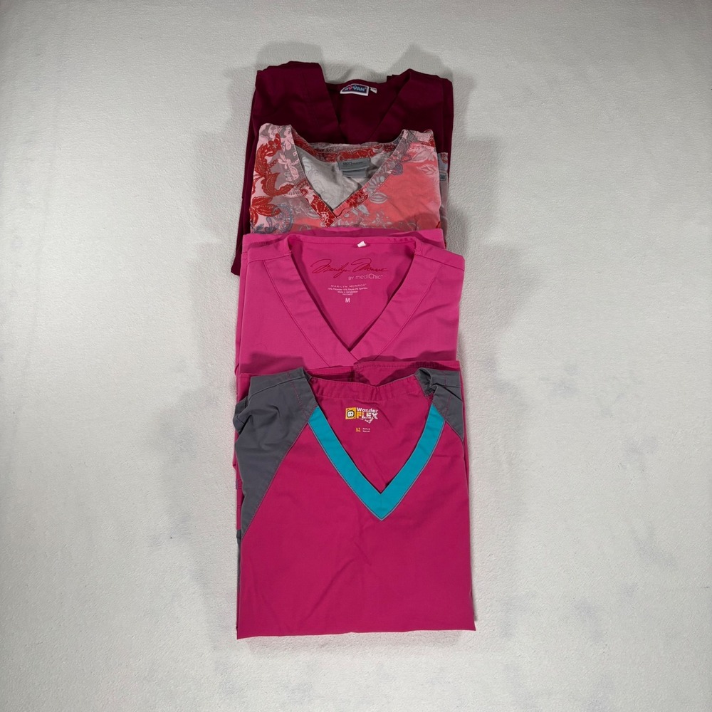 Mixed Brand Scrub Tops Lot of 4 Women Size M XL Pink Burgundy Excellent V-Neck